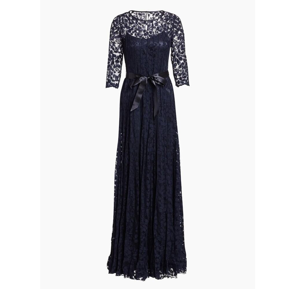Teri Jon 3/4 Sleeve Lace Illusion Gown with Bow size 6